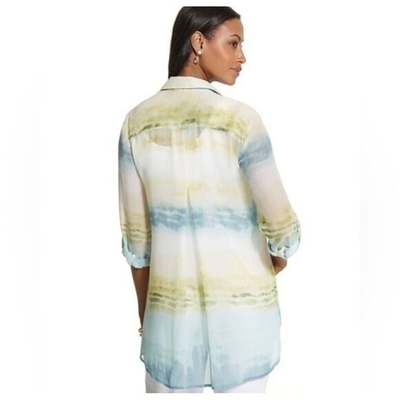 Chicos 3 Blue Abstract Tunic Blouse Layered 3/4 Roll Tab Sleeve Sheer Size XL To - Picture 3 of 16